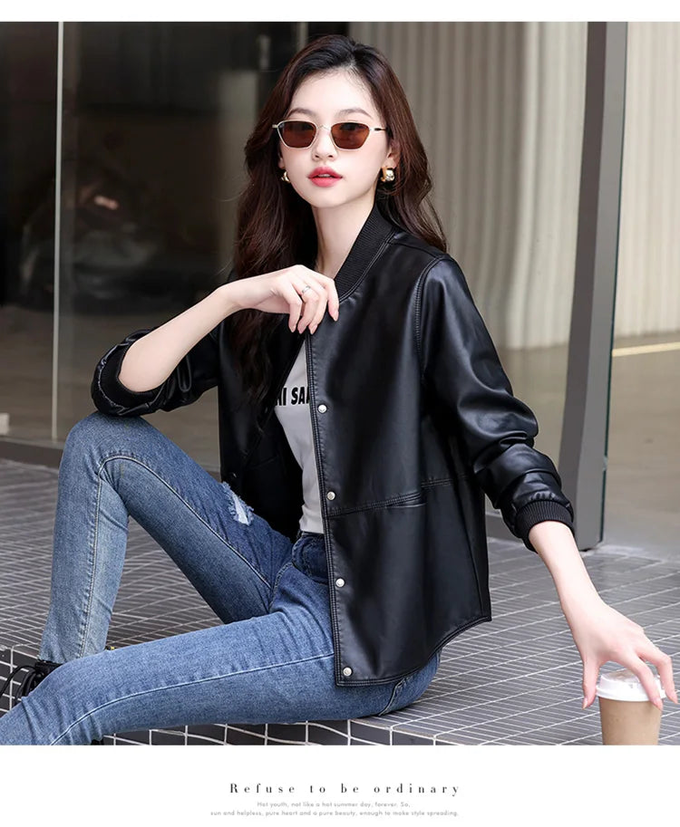 New Women Casual Leather Jacket Spring Autumn Fashion Patchwork V-Neck Single Breasted Loose Short Outerwear Split Leather