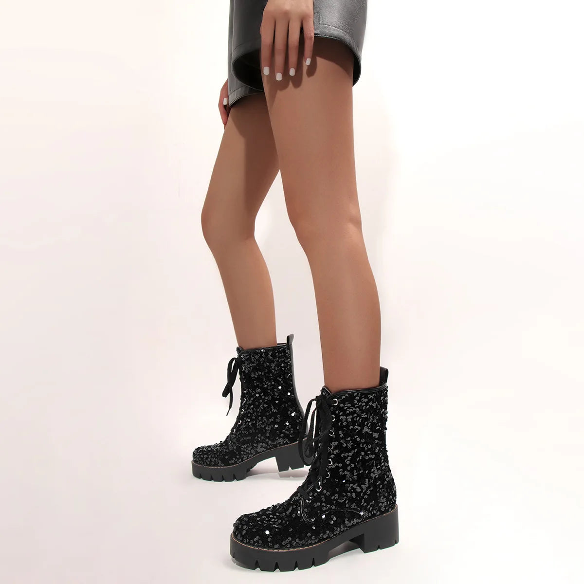 2025 New Fashion Women Shoes Front Lace Up Sequin Short Boots Coarse Heel Stage Show Ankle Boots Ladies Party Casual Short Boots