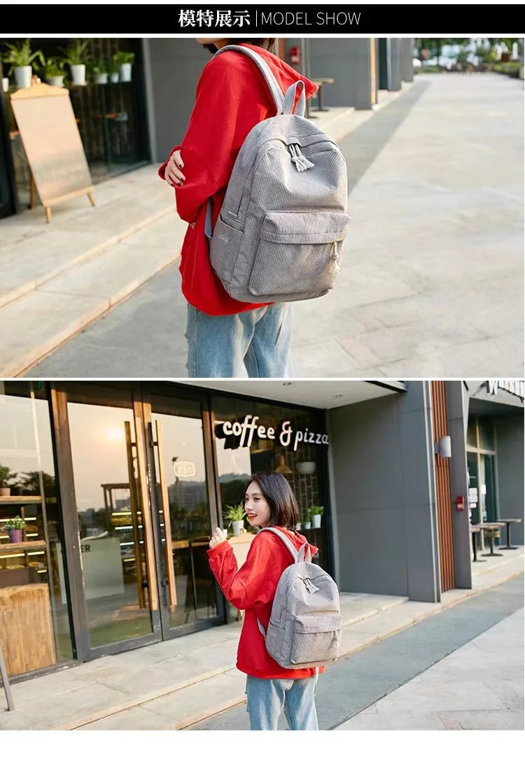 Corduroy Backpack, Academy Fashion School Bags for Middle/High School & College, Cute Tassel Detail, Versatile Casual Daily Bag