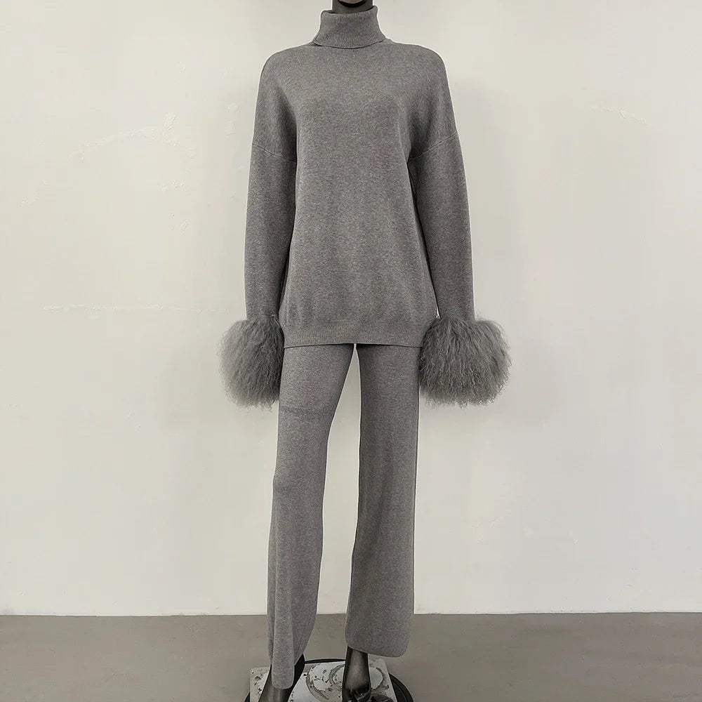 Coat Women Knitted Suit Women's Sweater Set Real Mongolian Sheep Fur Cuffs High Quality Wool & Blend Knitted Pullover and Pants