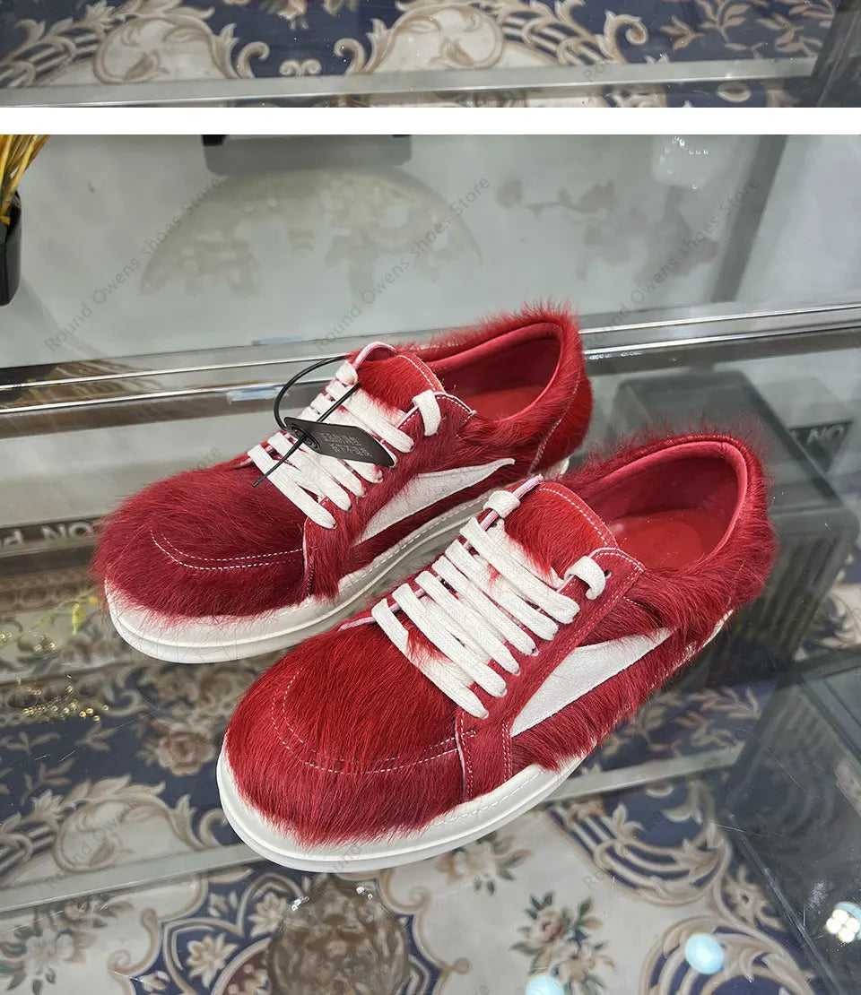 24ss New Horse Hair Low Top Quality Casual Shoes Dark Red Men Genuine Leather Thick Sole Lace Up Luxury Sports Ro Women Sneakers