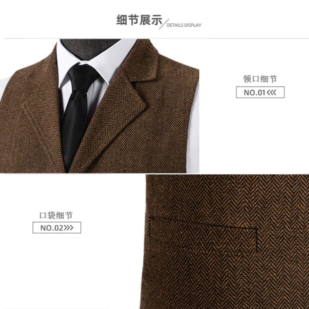 Wool Tweed Men's Suits Vest for Groomsmen Wedding Lapel Casual Slim Business Vests Sleeveless Waistcoat Male Gilet Homme Vests
