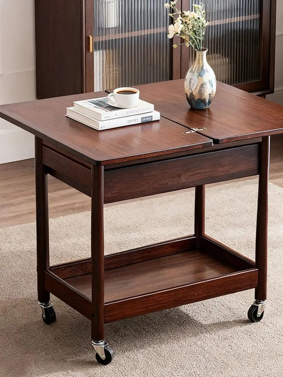 Space-Saving Extendable Foldable Dining Table with Drawer & 4 Wheels - Farmhouse Walnut Color for Living Room Kitchen