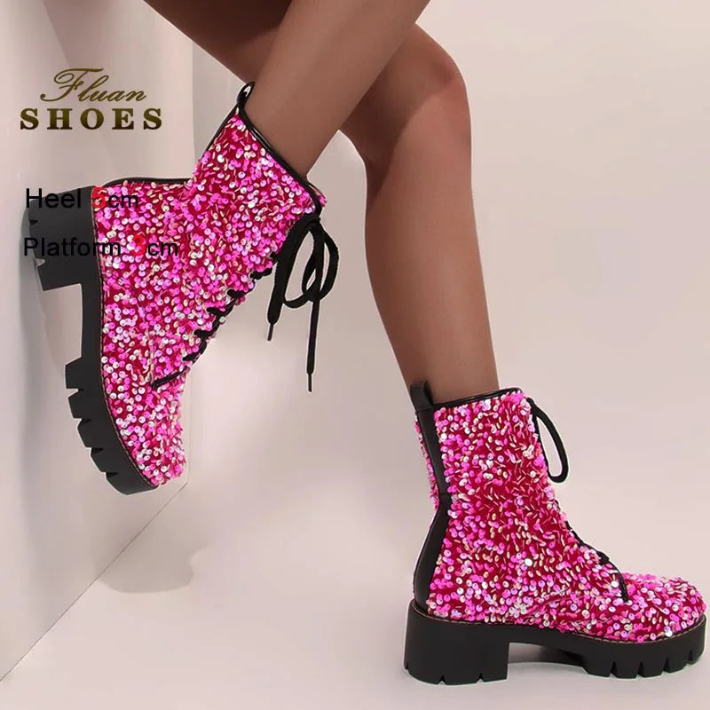2025 New Fashion Women Shoes Front Lace Up Sequin Short Boots Coarse Heel Stage Show Ankle Boots Ladies Party Casual Short Boots