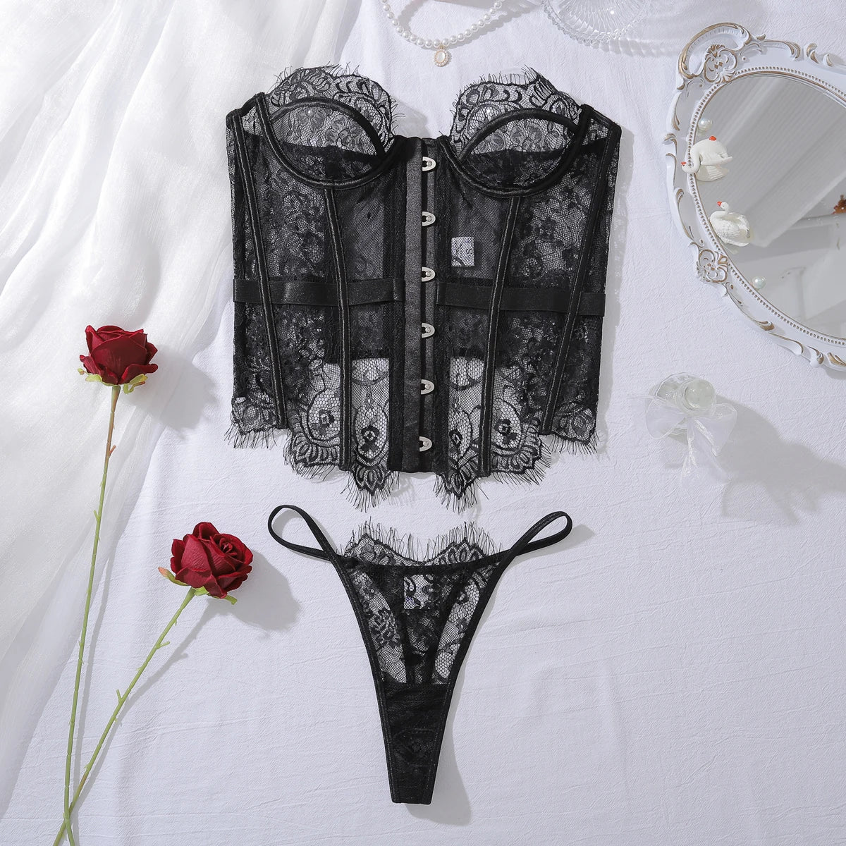 Ellolace Sexy Lingerie For Women Palace Sensual Corset Hilitos 2PC Set Sheer Strapless Lace Slim Clubwear Call Of The Night