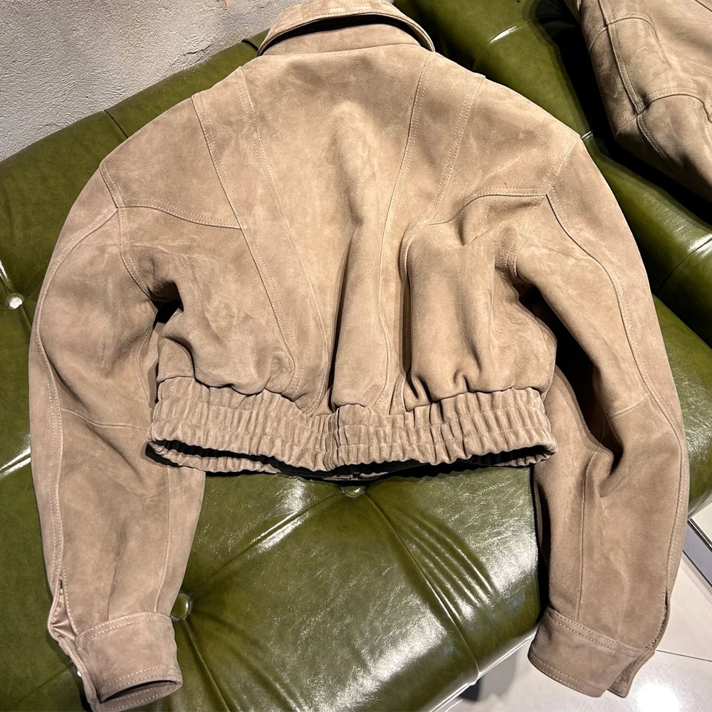 GBY Brown Suede Leather Jacket Cropped Genuine Soft Sheep Jacket 2025 Woman Jackets
