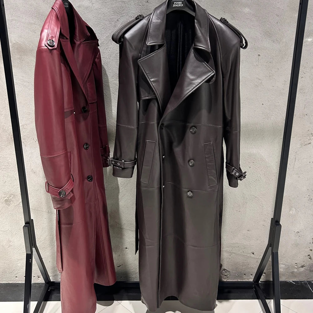 Suede Burgundy Long Coat Double Breasted Windbreak Length 150cm Women's Real Suede Coat