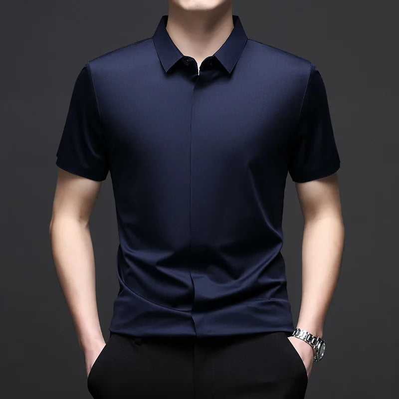 Silk Men Short Sleeve Shirt Business Casual Stretch Pure Color Commercial Affairs Casual Top