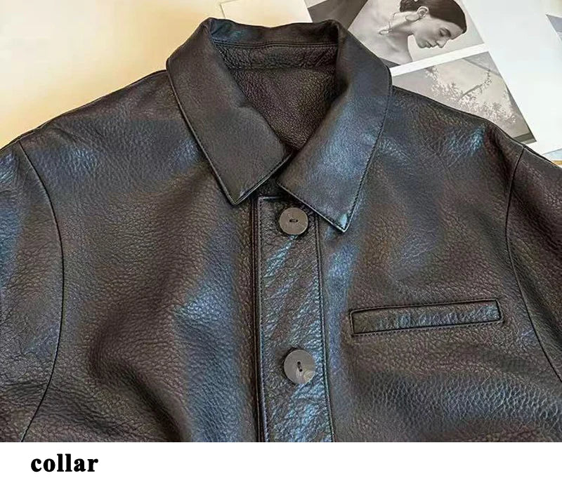 Retro Leather Bomber Jackets for Women Genuine Foam Leather Bubble Texture Short Coat Female Square-Cut Lapel Slim Fit Chaquetas
