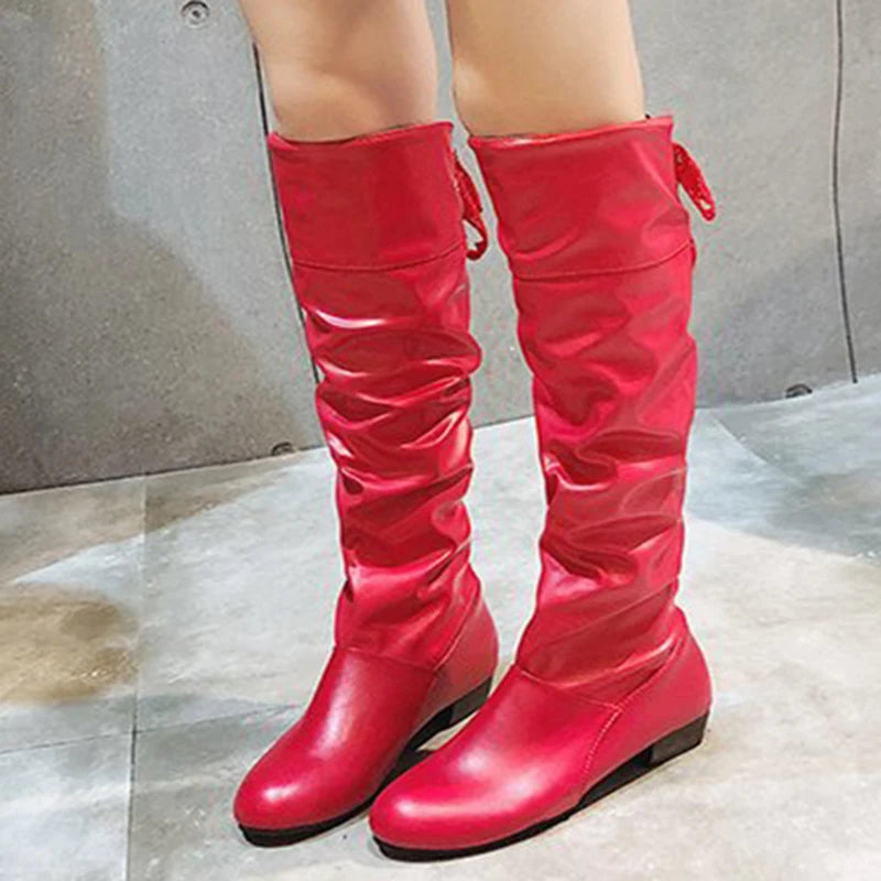 2024Shoes For Women  Knee High Boots Red Black White Tall Boots Woman Pleated Low Heel Casual Leather Female Long Shoes