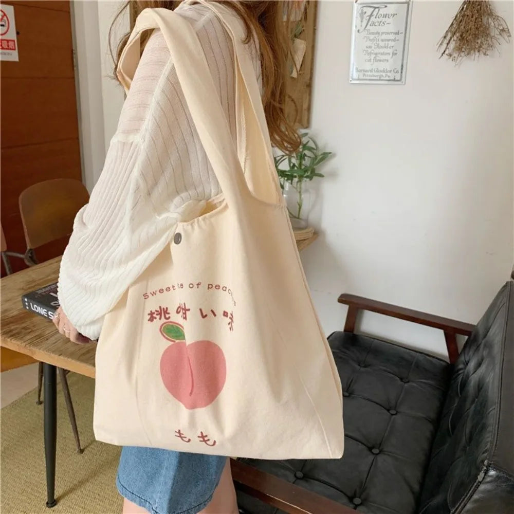 Cute Strawberry Tote Bag Aesthetic for School Girls Purses Shopper Designer Handbag Women Peach Print Eco Shoulder Bags
