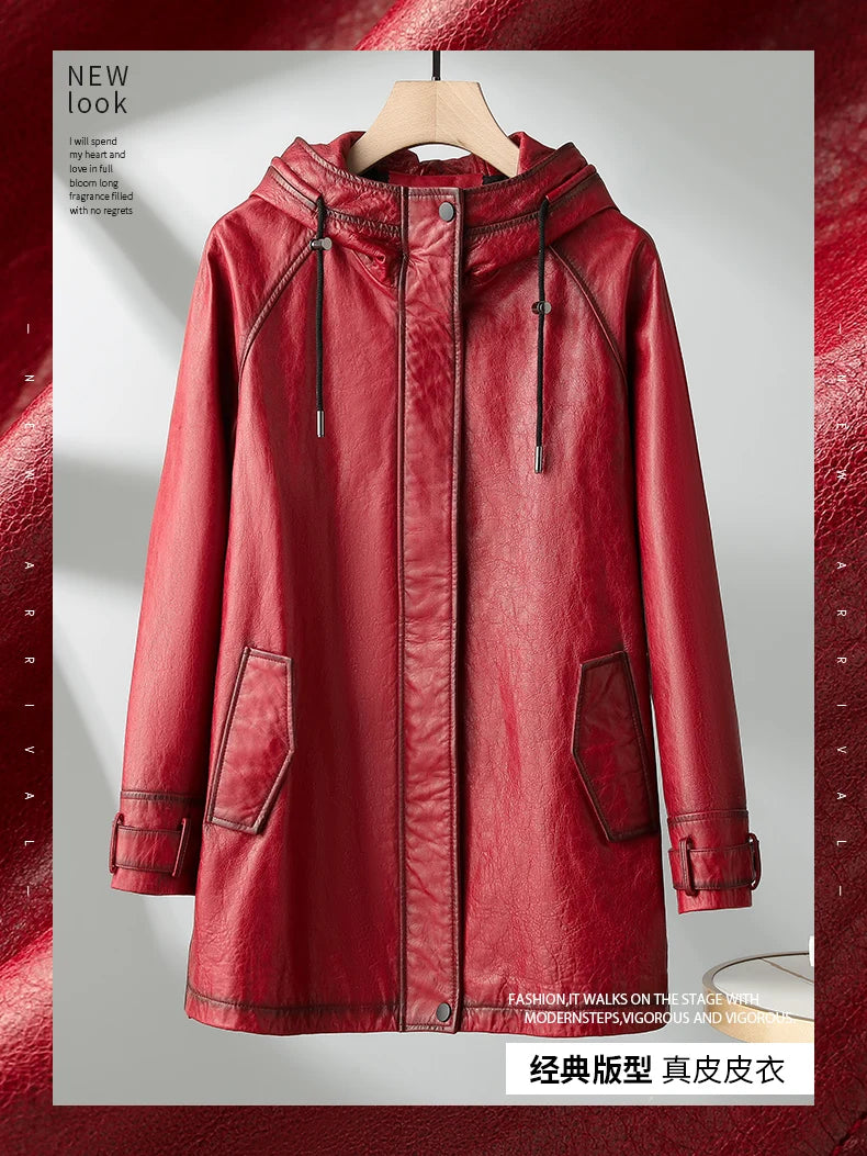 Tajiyane 100% Real Leather Jacket Women Autumn Winter Hooded Vintage Genuine Sheepskin Coat Mid-length Fashion Jaqueta Feminina