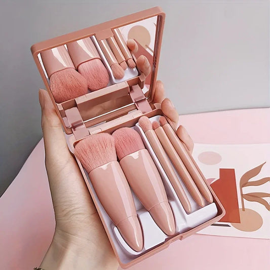 5Pcs Portable Makeup Brush Set With Mirror -  Foldable Travel Kit, Mini Makeup Brush Set Travel Makeup Brush Set