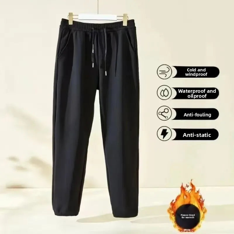 Men's Outdoor Casual Pants Thickened Fleece Lined Loose Fit Windproof Waterproof Winter Warm Cotton Trousers Straight Leg Jeans