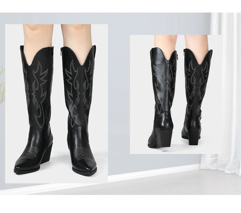 Shoes for Women New Embroidered Western Cowboy Boots Women Autumn Pointed Toe Thick Heel High Knee Boots