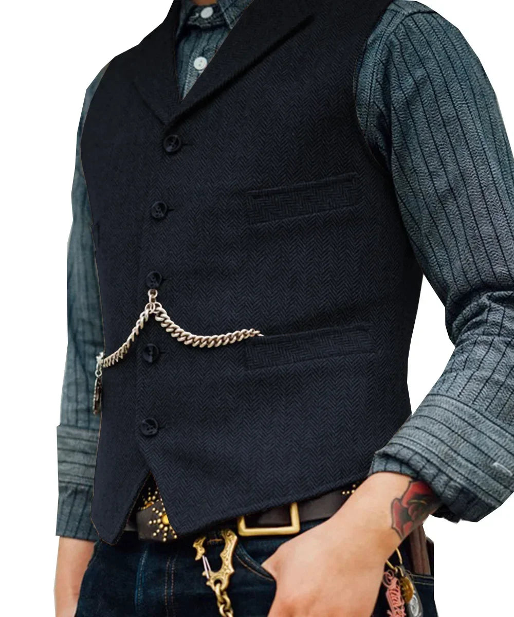 Wool Tweed Men's Suits Vest for Groomsmen Wedding Lapel Casual Slim Business Vests Sleeveless Waistcoat Male Gilet Homme Vests