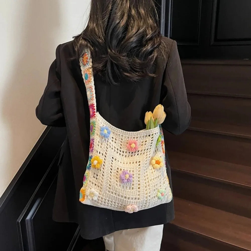 Fashion Large Capacity Women Shoulder Bag Floral Crochet Vintage Handbag Boho Hollow Out Knitted Crossbody Bags