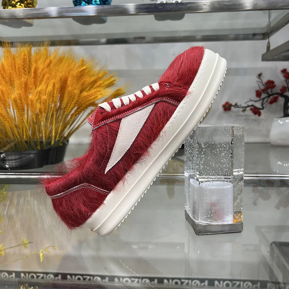 24ss New Horse Hair Low Top Quality Casual Shoes Dark Red Men Genuine Leather Thick Sole Lace Up Luxury Sports Ro Women Sneakers