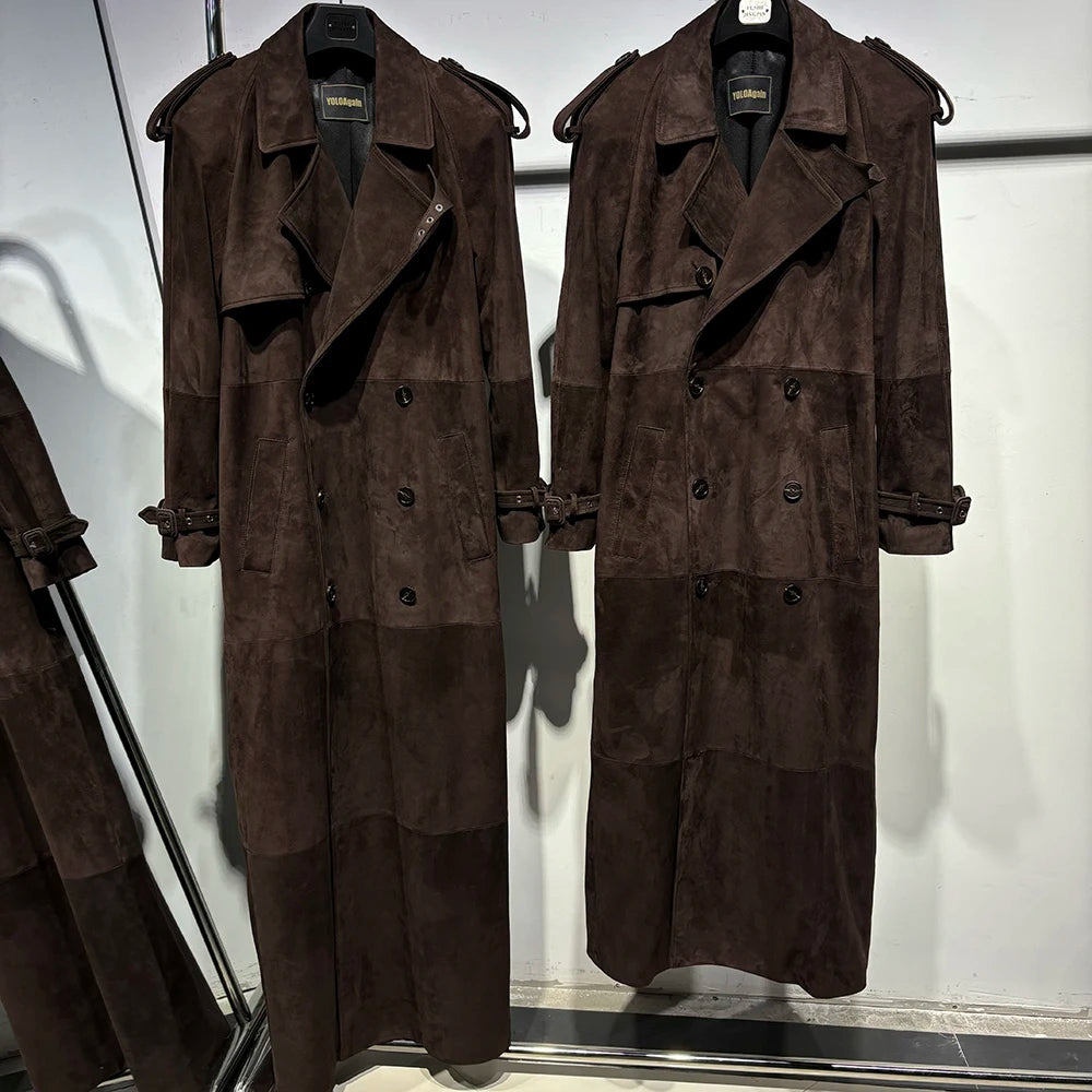 YOLOAgain 150cm Extra Length Real Leather Trench Coat Women Double Breasted Suede Coat Female