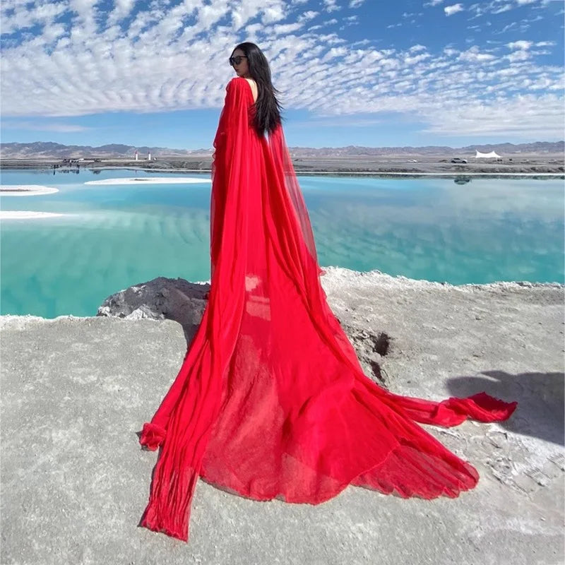 Spring/Summer Silk Dress with Charm Seaside Vacation Beach Dress Red Extra Long Tailed Long Dress White Elegant Graceful XQ26