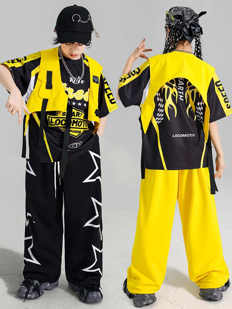 Boys Hip Hop Contrast T-shirt Yellow Vest Sweat Pants Girls Street Dance Jazz Costume Children Clothes Set Kids K-pop Streetwear