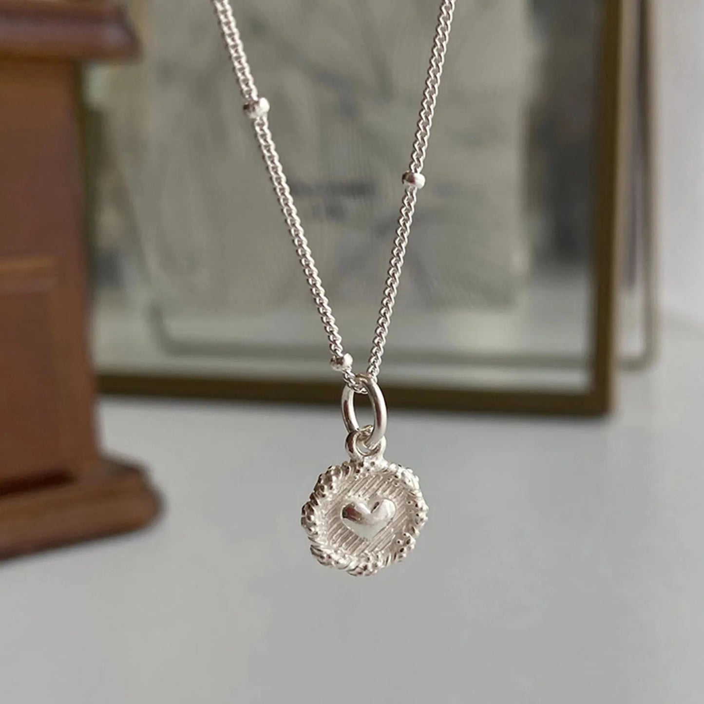 925 Sterling Love Heart Texture Bead Necklace for Women Girl Stereoscopic Design Double Sided Jewelry Gift Wholesale