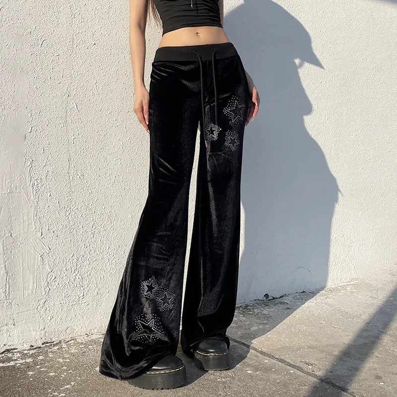 AltGoth Y2k Streetwear Gothic Velvet Pants Women Dark Cyber Punk Harajuku Grunge Pentagram Printed Low Waist Stright Pants Femme