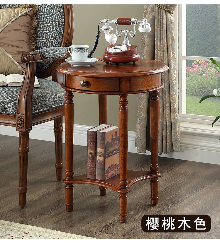 Solid Wood Sofa Side Table American Living Room round Desk European-Style Coffee Surface Casual Telephone Shelf for Entryway