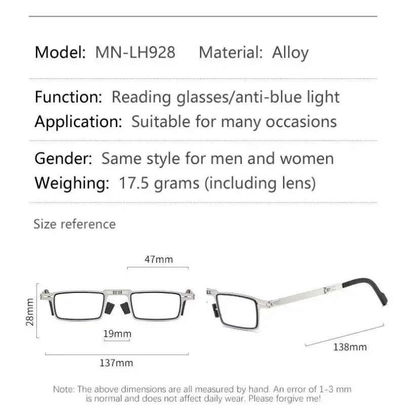 Portable Unisex Folding Reading Glasses Full Metal Frame Anti Blue Light Blocking for Men Women Presbyopia Eyeglasses with Case