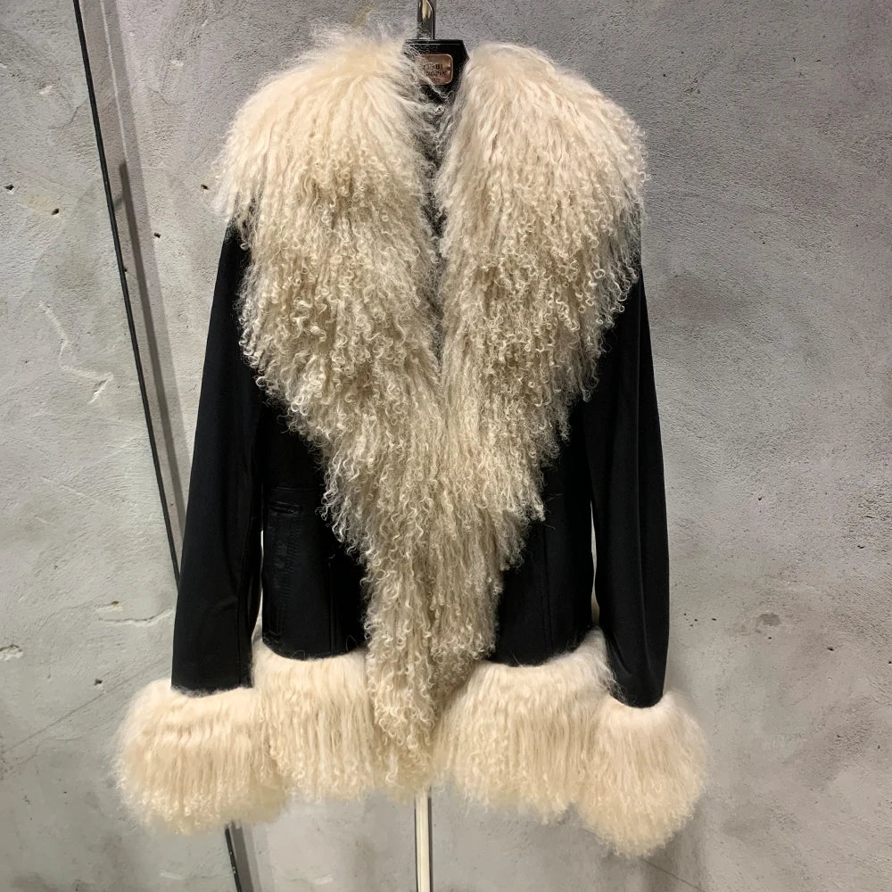 Sheep Collar Coats Women Winter Luxury Mongolian Fur Leather Jackets with Long Sleeve 7251