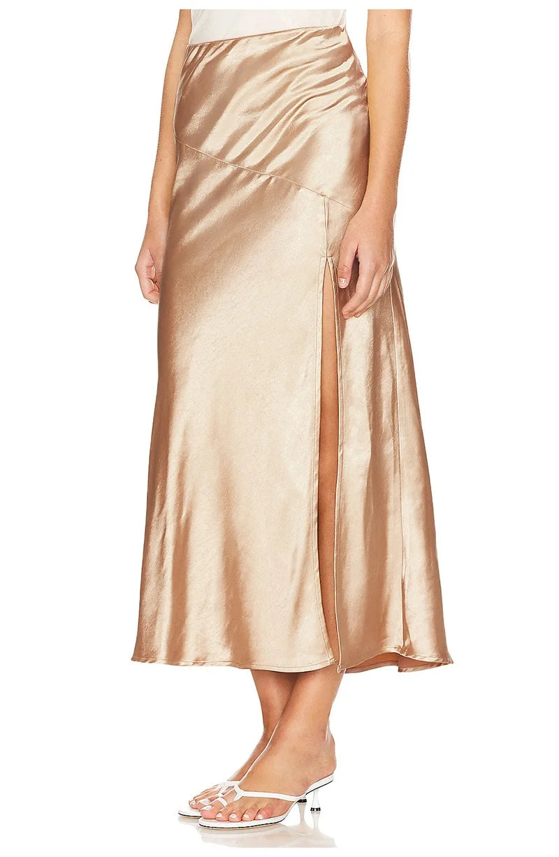 Summer Satin Skirts For Woman Office Maxi A Line Black Silk Skirts With Slit Lady High Waist Women Patchwork Skirt Long Elegant