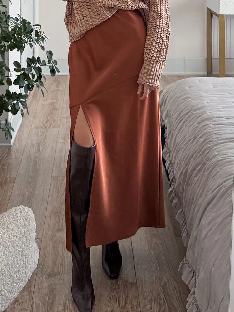 Summer Satin Skirts For Woman Office Maxi A Line Black Silk Skirts With Slit Lady High Waist Women Patchwork Skirt Long Elegant