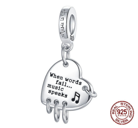 925 Sterling Silver When Words Fail Music Speaks Pendant musical notation Fit Original Charm Bracelets Women DIY Jewelry Gift