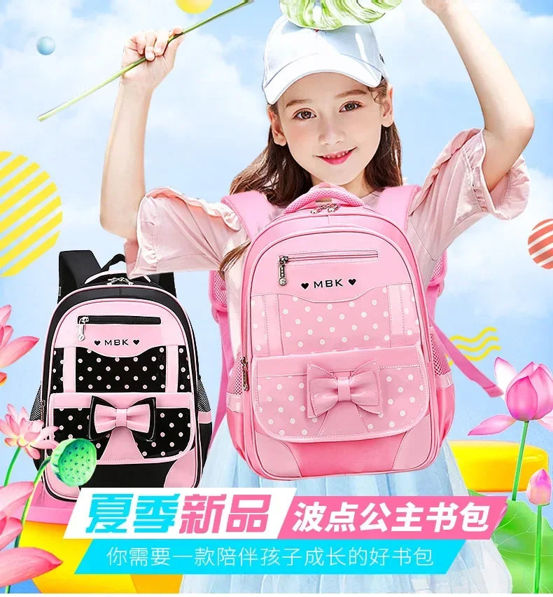 Lightweight School Backpack for Girls Kids Ages 6-12, Cute Polka Dot Bow Elementary Bookbag with Ergonomic Padded Straps
