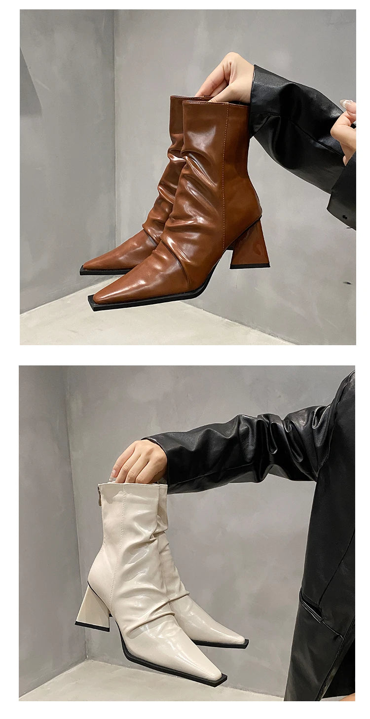 Horse Boots Female Ins Pointed Pink Skinny Boots 2023 Winter New Patent Leather Thick with Fashion High Heel Short Boots