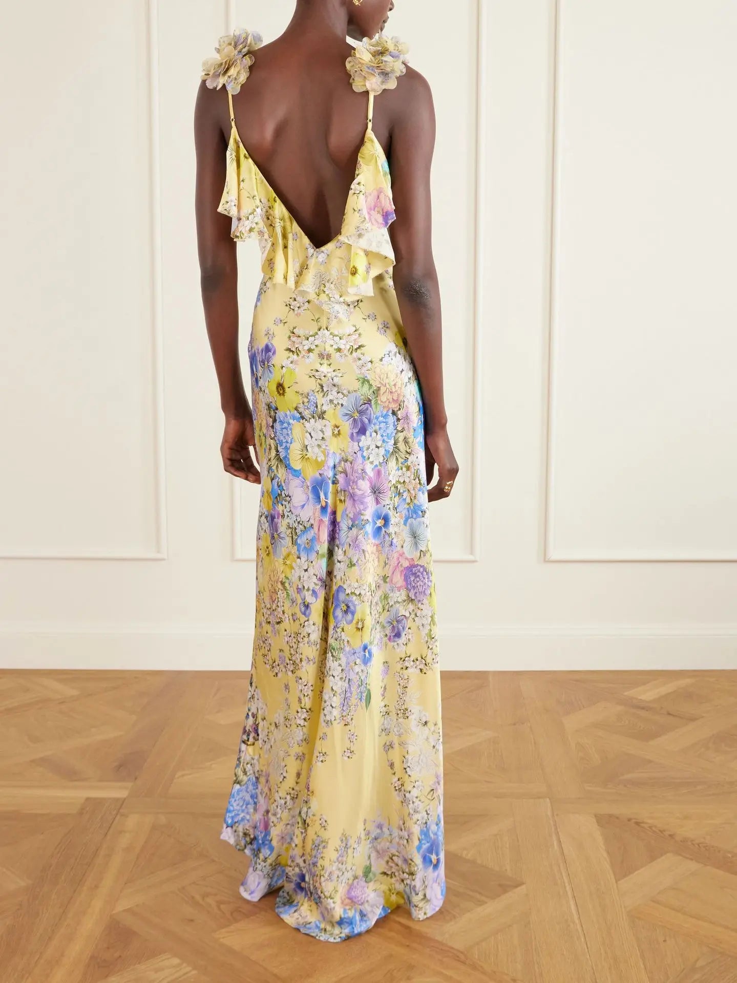 100% Silk Floral Print Sleeveless Sling Maxi Dress for Women Elegant Deep V Neck Backless Sexy Club Party Long Dress