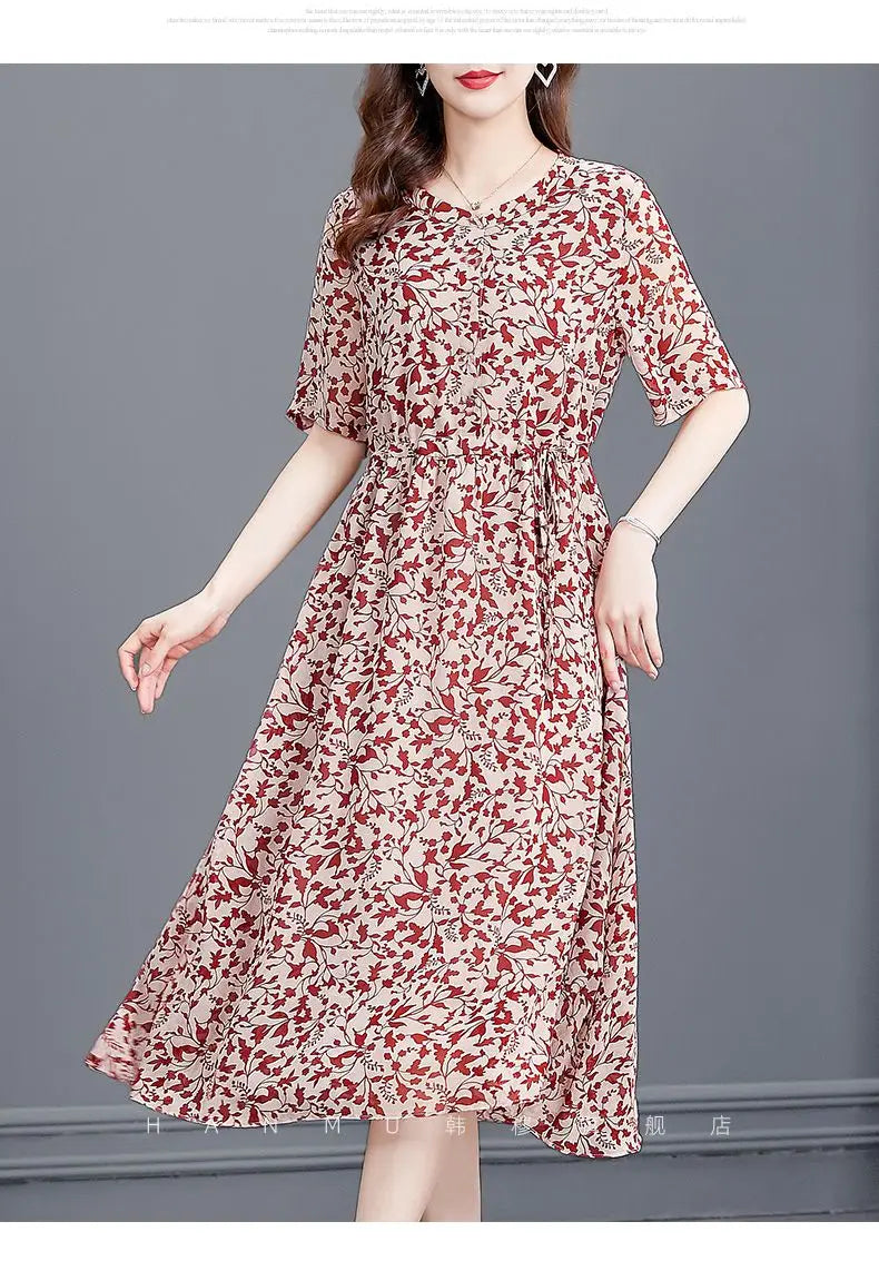 Women's Mulberry Silk Midi Dress V-Neck Three-Quarter Sleeve Red Floral Print Waist Tie Elegant Silk Summer Dress For Mature