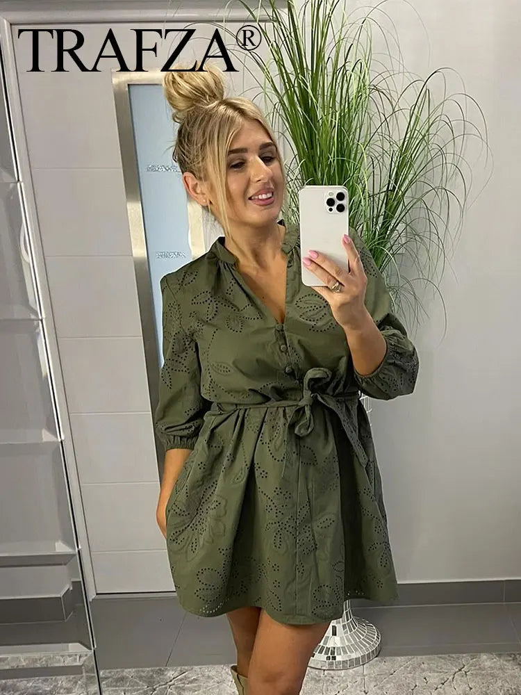 HH Spring Women's Vintage Solid Shirt Dress Puff Sleeve Short Dress V-Neck Female Hollow Embroidery Casual Belt Dresses