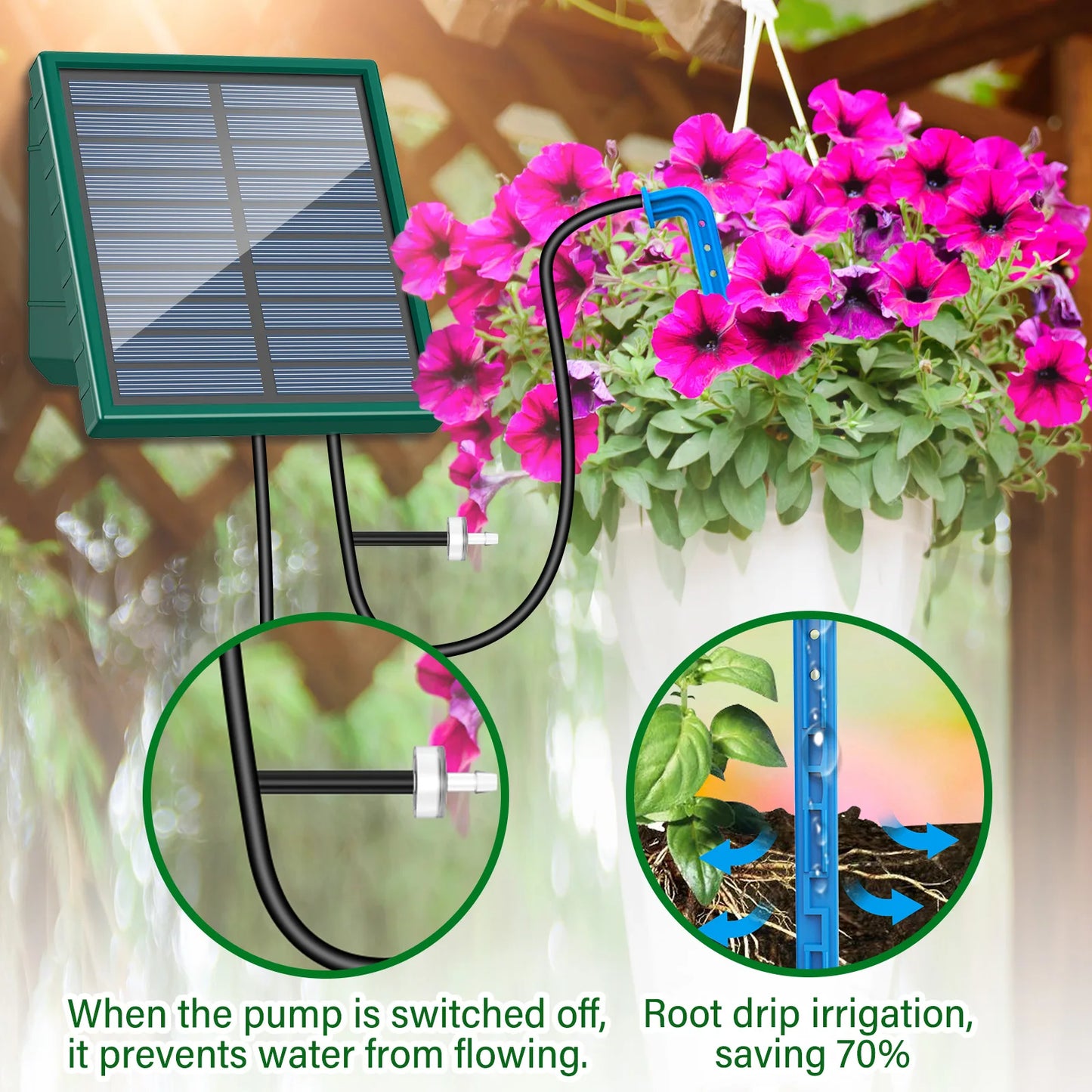 Solar Irrigation System, Automatic Watering System with 10M Hose and 10 Drip Tips for In/Outdoor, DIY Garden Balcony Terrace Etc