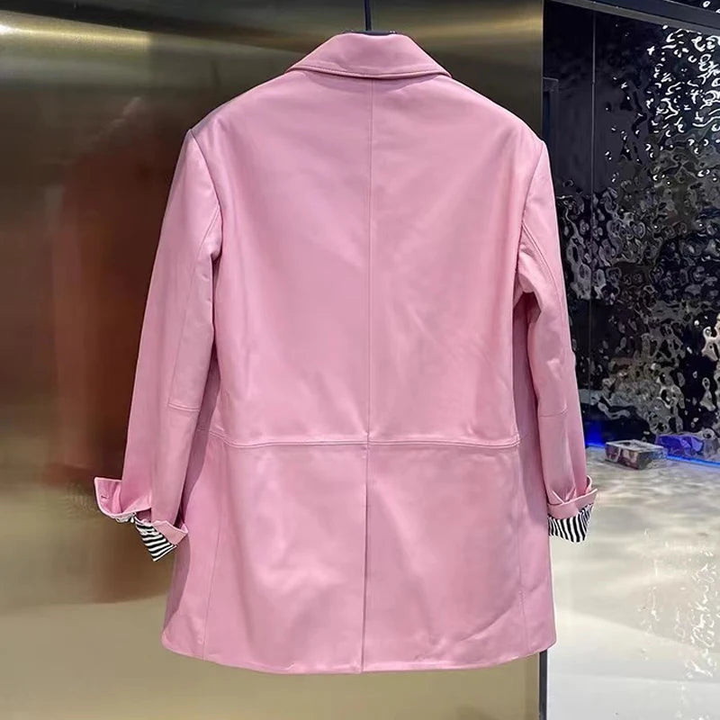 European American Streetwear Leather Jacket For Women Chic Loose Fit Suit Coat Female Flip Pocket Two Bottons White Blazer Mujer