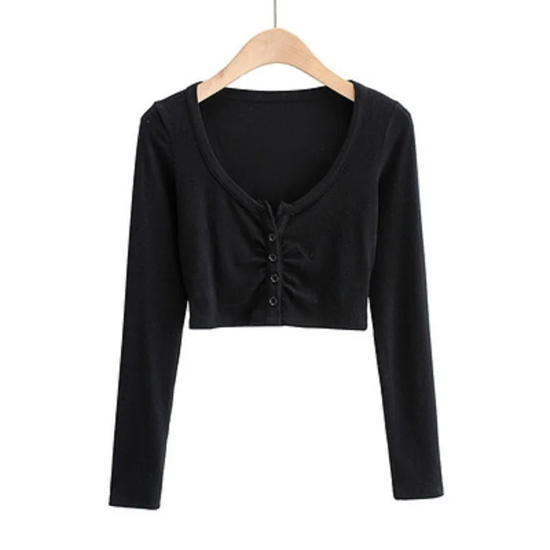 Summer Sexy Women Crop Tops Long Sleeve Tee Shirt Clubwear Buttons Solid T Shirt Women Black White Slim Tops