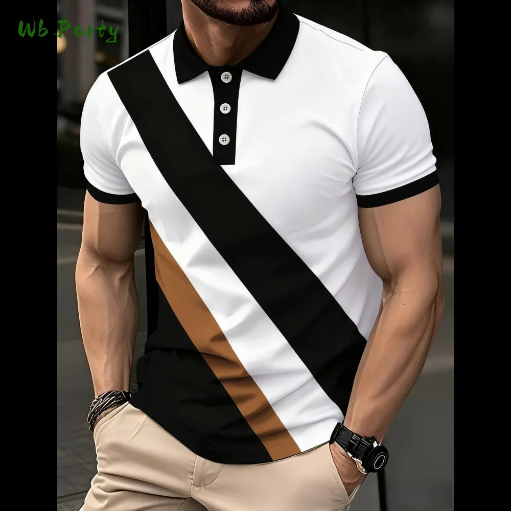 Summer Men's Polo Men's Casual Short Sleeve Polo Shirt Striped Color Block Design Sporty Polo Style Collared Polo Shirts for Man