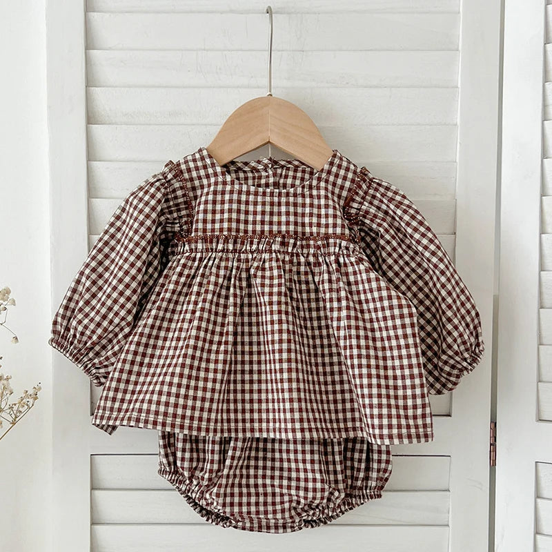 Baby Cotton Clothing Sets 0-2Yrs Autumn New Baby Girl Clothes Set Plaid Tee And Bloomer 2pcs Toddler Kids Vest + Shorts Suit