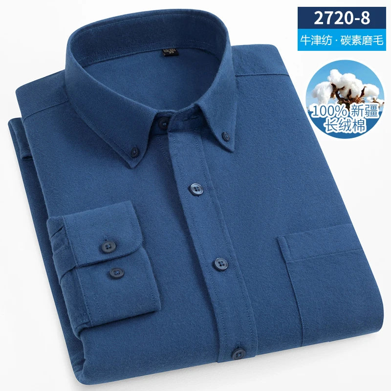 New Men Pure Cotton Flannel Soft Regular-fit Long Sleeve Brushed Shirt Single Pocket Comfortable Casual Solid Color Shirts S-5XL