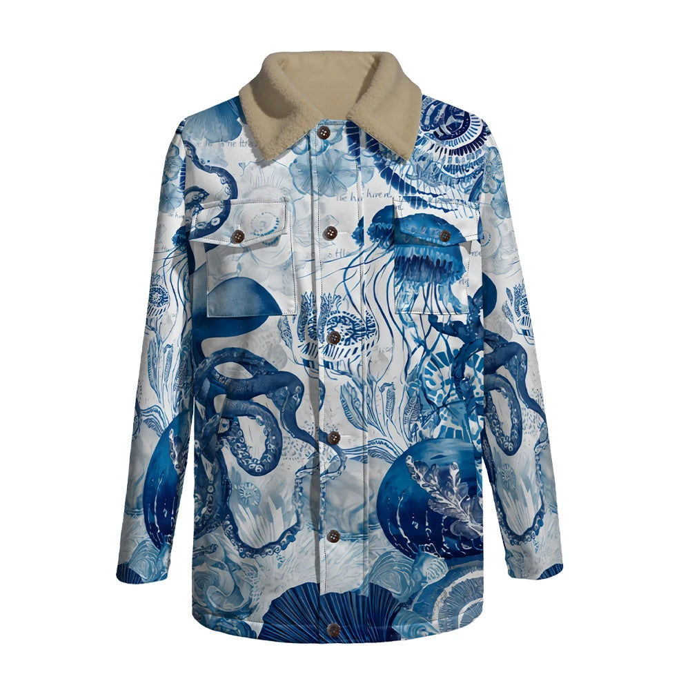 Winter Aesthetic Jacket Marine Life Print Long Coats Whale Turtle Jellyfish Pattern Faux Fur Collar Unisex Coastal Style