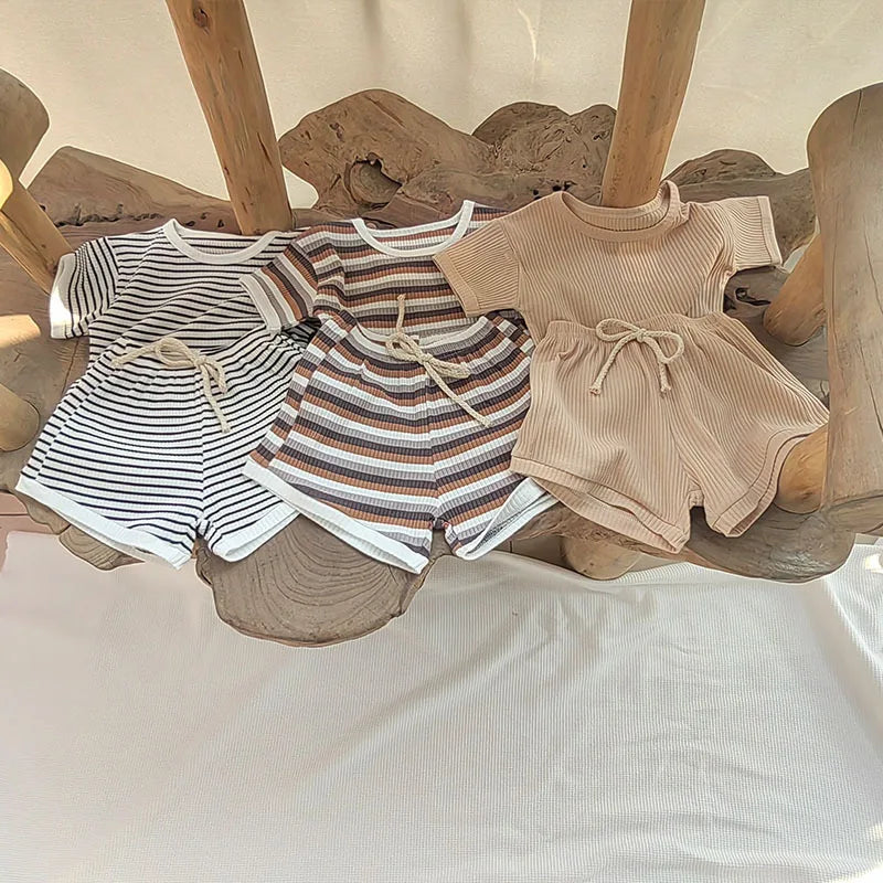 Comfortable Baby Clothes Set  Boys Simplicity Stripe Round Neck T-shirt +  Striped Shorts  breathable casual girl short sleeved