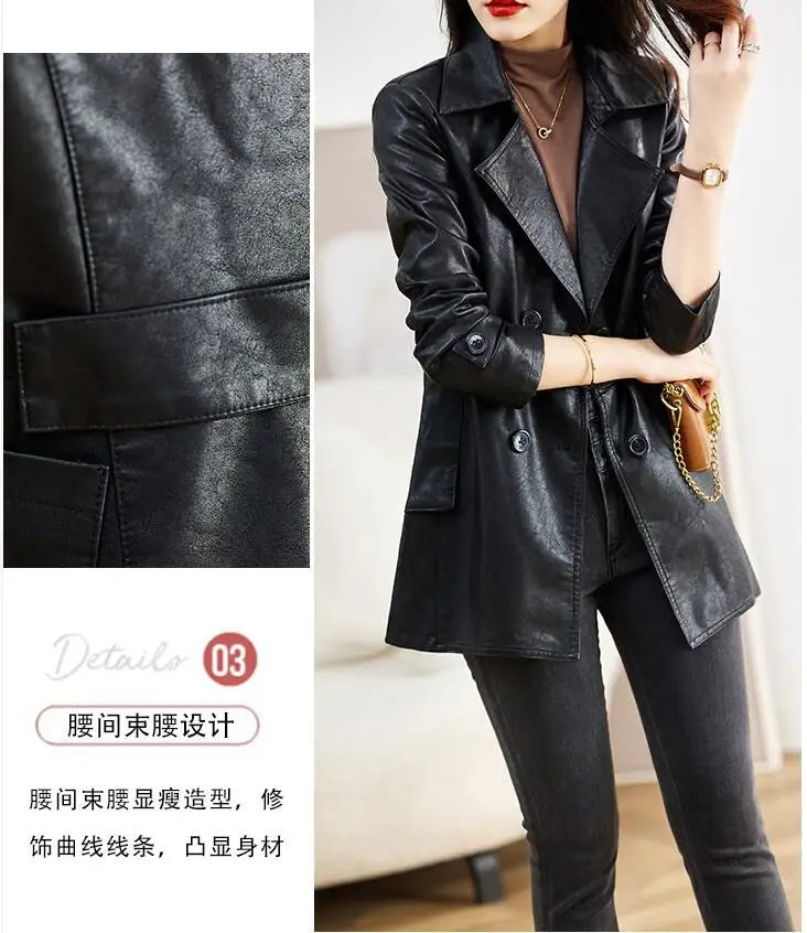 Turn-down Collar Genuine Leather Jacket Women Korean Fashion Slim Sheepskin Coat Black Real Leather jackets ladies Casual Blazer