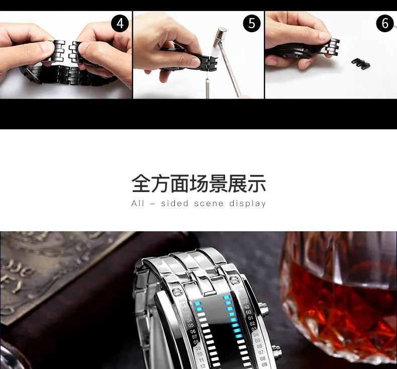 Men Watch 50m Waterproof Lava Watch Double Row Lamp Led Watch Male Binary Steel Band Electronic Sport Watch Relogios Masculino