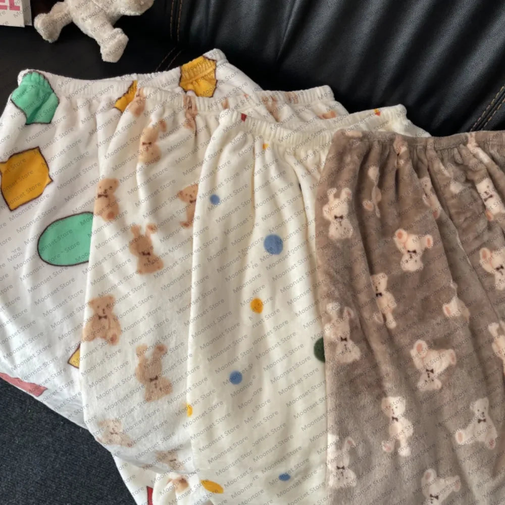 Pajama pants cute flannel trousers for autumn and winter warm fashionable loose casual cartoon and home women's trousers