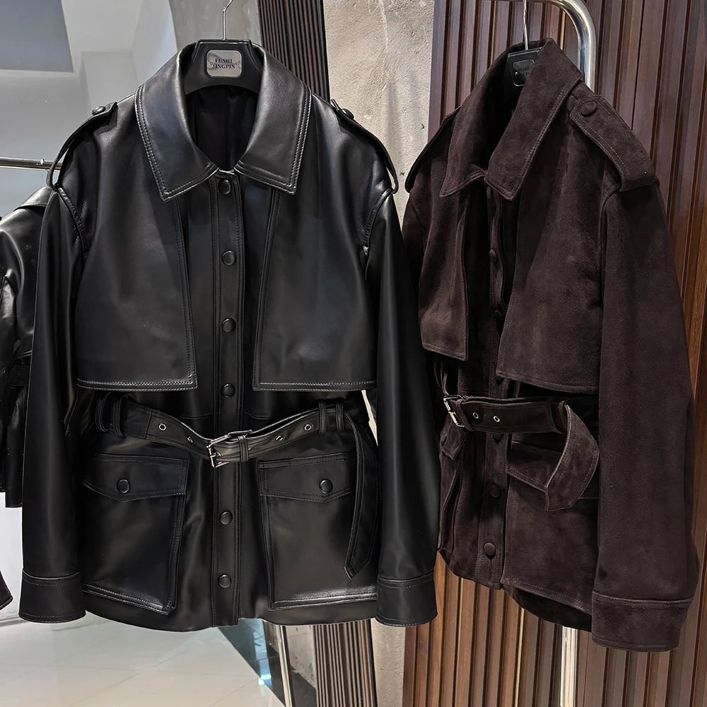 YOLOAgain Real Leather Suede Jacket Women Dark Brown Single Breasted Leather Coat With Belt